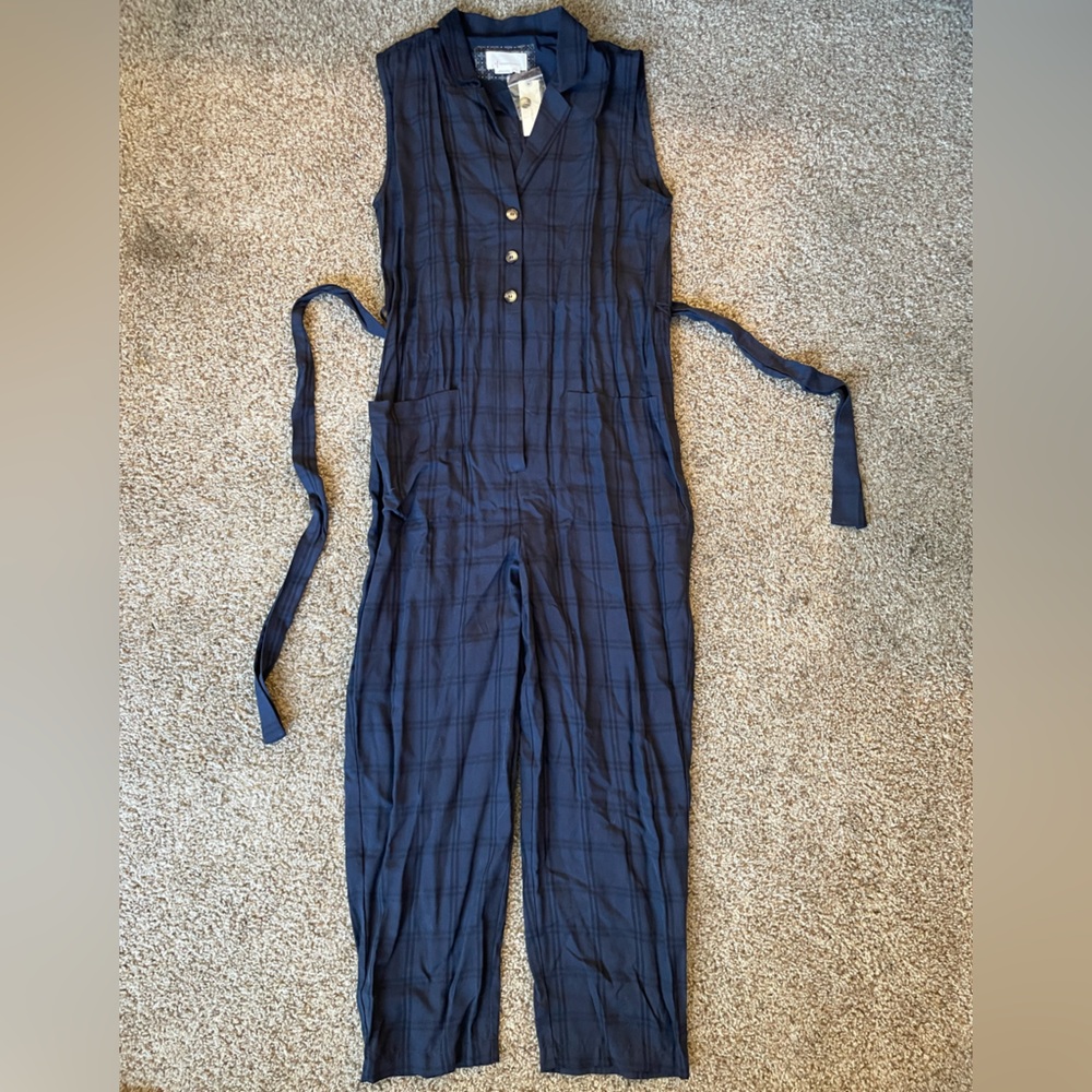 NWT Navy Blue Plaid Jumpsuit with Button Detail